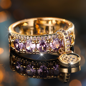Bague en zircone cubique synthétique violette et transparente de style bohème <span class=keywords><strong>ANGOL</strong></span> pour femme, design ondulé doré, pour fiançailles et mariage - Product Image 3