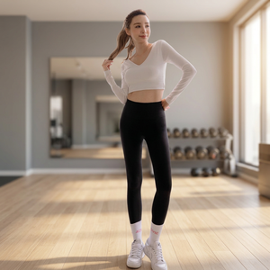 Leggings de yoga taille haute sans couture, longueur intégrale, noir uni, en Spandex et Nylon, extensibles dans les quatre sens, avec taille élastique - Product Image 1
