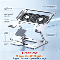 Support pour ordinateur portable Great Roc 2 en 1 avec support pour téléphone, ventilateurs de refroidissement, réglable, pliable, en acier carbone, pour ordinateur portable et tablette