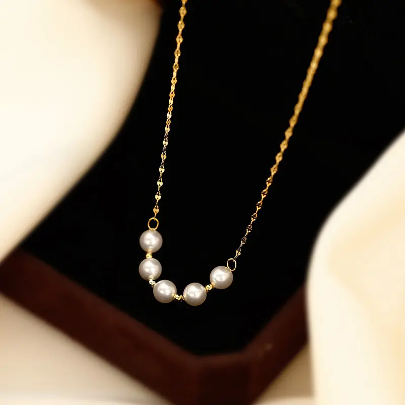 New Trendy Imitation Pearl Beaded Chain Necklace Fashion Handmade Gold Plated Necklace