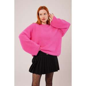Pull en maille fuchsia moelleux pour femme, coupe ample, décontracté, manches longues, anti-boulochage - Product Image 5