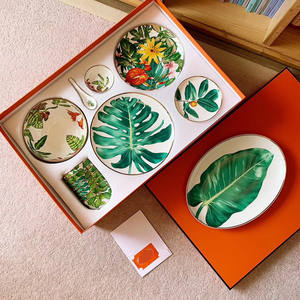 Service de table en porcelaine fine Kitchen Royal, motif feuille verte, vaisselle en céramique, bols, assiettes et cuillères, collection Forêt tropicale - Product Image 2