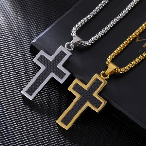 Collar con Colgante Personalizado para Hombre en Tono Plata y Oro, Colgante de Cruz de Fibra de Carbono y Acero Inoxidable, Gran Venta - Product Image 5
