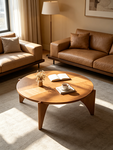 Mesa de Centro de Madera Maciza Redonda con Patas Curvas Triangulares, Estilo Japonés Minimalista para Sala de Estar - Product Image 6