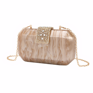 Bolso de Noche Acrílico con Cierre de Pedrería para Mujer, Cartera de Mano Cuadrada con Cadena Metálica y Efecto Marmoleado para Banquetes y Cumpleaños - Product Image 1