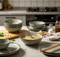 Service de vaisselle en céramique gris à glaçure réactive avec bordure marron, assiettes rétro et bols à dessert pour la maison, les cafés et les restaurants (vente en gros)