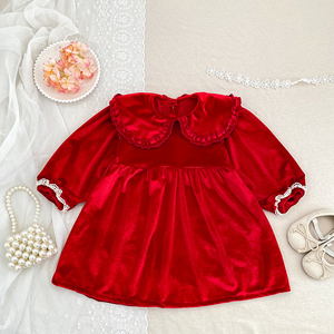 Abito Natalizio per Bambine con Colletto a Bambola, Maniche Lunghe Rosse, <span class=keywords><strong>Vestito</strong></span> a Linea A per Autunno e Primavera - Abito Morbido per Bambini - Product Image 3