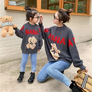 Nakış ayı kazak aile eşleştirme tişörtü anne ve kızı kıyafetler anne bebek kız giysileri