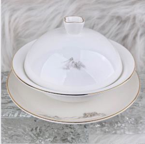 Service de vaisselle en porcelaine blanche avec incrustations dorées, design chinois traditionnel, compatible lave-vaisselle, comprend bol à soupe, tasse et soucoupe pour la salle à manger - Product Image 4
