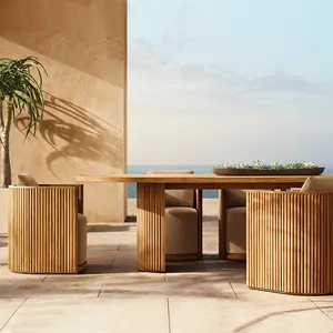 طقم طاولة عشاء خشبية فاخرة من خشب الساج للاستخدام الخارجي في الفناء والحديقة مع كراسي وطاولة عشاء خشبية تتسع لعدد 6 إلى 8 أشخاص