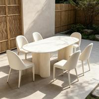 Ensemble de table et chaises de salle à manger ovales en pierre frittée blanc crème de luxe, design cannelé, pour villa, hôtel, restaurant