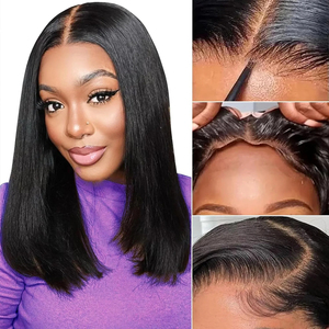 Perruque Sans Colle Noir Naturel Brésilien Lisse <span class=keywords><strong>Coupe</strong></span> Carrée <span class=keywords><strong>Courte</strong></span>, Perruque Lace Closure 6x4 <span class=keywords><strong>Cheveux</strong></span> Humains Pré-Épilés Pré-Coupés Prête à Porter - Product Image 4