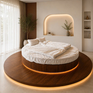 High Quality Luxury Round Platform <b>Bed</b> with <b>LED</b> Light Walnut Veneer MDF Hotel Villa Bedroom Furniture Easy Assembly - Product Image 6