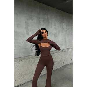Women's Brown <b>Jumpsuit</b> Window Detail Bow Collar Knitted Fitness Yoga <b>Jumpsuit</b> for Autumn Summer <b>Parties</b> Midi Printed Pattern - Product Image 2
