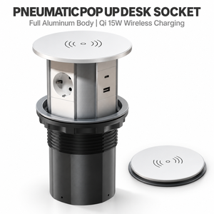 เต้ารับไฟฟ้าแบบป๊อปอัพพร้อมที่ชาร์จไร้สาย Qi 15W วัสดุอะลูมิเนียม 4 ช่องจ่ายไฟ USB-A และ USB-C รับผลิตตามแบบ OEM/ODM - Product Image 1