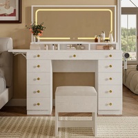 Coiffeuse moderne blanche personnalisée avec grand miroir LED, plateau en verre trempé, 11 tiroirs, éco-responsable et extensible