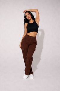 กางเกงยีนส์เดนิมสีน้ำตาลเอวสูงสำหรับผู้หญิง 6 กระเป๋า ทรงคาร์โก้ ผ้าสเตรช ดีไซน์เรียบหรู คุณภาพสูง ไซส์ 26 ถึง 40 - Product Image 6