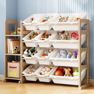 Étagère de rangement pour jouets d'enfants en bois de pin avec 12 bacs en plastique et bibliothèque pour chambre de bébé - Product Image 4