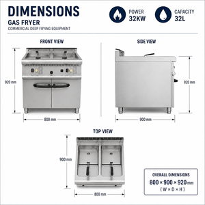 Freidora Industrial a Gas de Doble Tanque de 32L, Acero Inoxidable, GLP/GN, Equipo de Cocina para Restaurantes y Servicios de Catering - Product Image 3