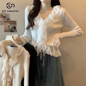 Butterfly Sleeve Lace Blouse for Women Chic V-Neck Solid Ruffles Knitwear Trendy Clothing Sexy Style for Ladies