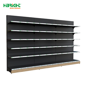 <b>Black</b> Single Sided <b>Wall</b> Display <b>Shelving</b> With Wood Grain Base Kick Plate for Supermarket Convenience Store - Product Image 1