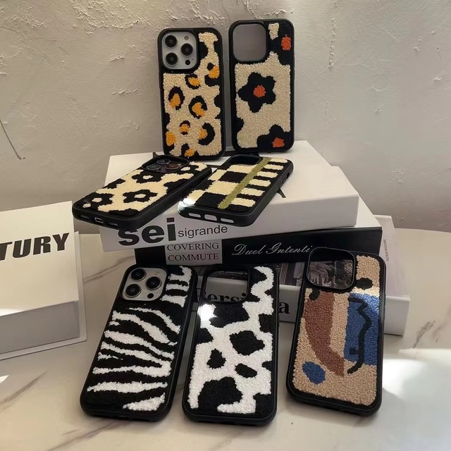 For for 12 to 16 Pro Max Leopard Zebra Printing Female Plush Embroidered Shockproof Magnetic Ring PC Phone Case
