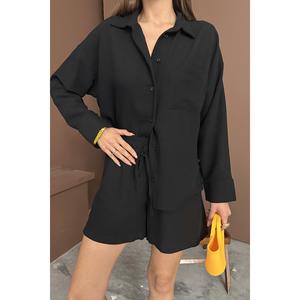 Ensemble décontracté en lin noir pour femme, haut à manches longues et short respirant, vente en gros - Product Image 2