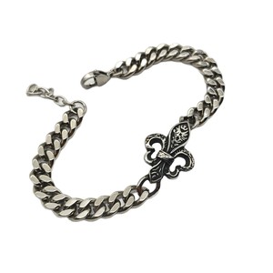 Bracelet en acier inoxydable vintage noir Fleur de Lys, chaîne réglable, bijoux rétro pour hommes et femmes - Product Image 1