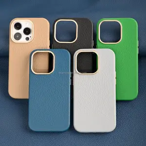 Custom Anti-Fall Cover Case Met Metalen Knop Echt Lederen Telefoonhoesje Met Metalen Cameraframe Voor Iphone 15 13 14pro Max