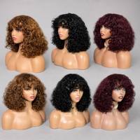 Perruques courtes bouclées afro kinky en cheveux humains pour perruque Lace Front avec frange, brun foncé, dentelle, pas cher, brésilien, bouclé, noir