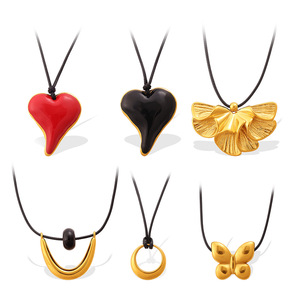 Retro Heart Butterfly Pendant Necklace Zinc Alloy Black <b>Rope</b> Unisex Sweater <b>Chain</b> 10cm Extended - Product Image 5