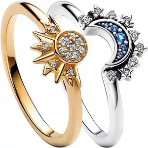 DOULUO cincin pasangan dua nada, emas perak kreatif hadiah pertunangan wanita pria berlian bertatahkan Matahari dan Bulan S