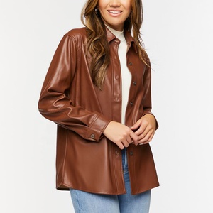 Automne mode femmes Faux cuir chemise boutonné Vintage goutte manches personnalisé dames décontracté Pu cuir veste - Product Image 1