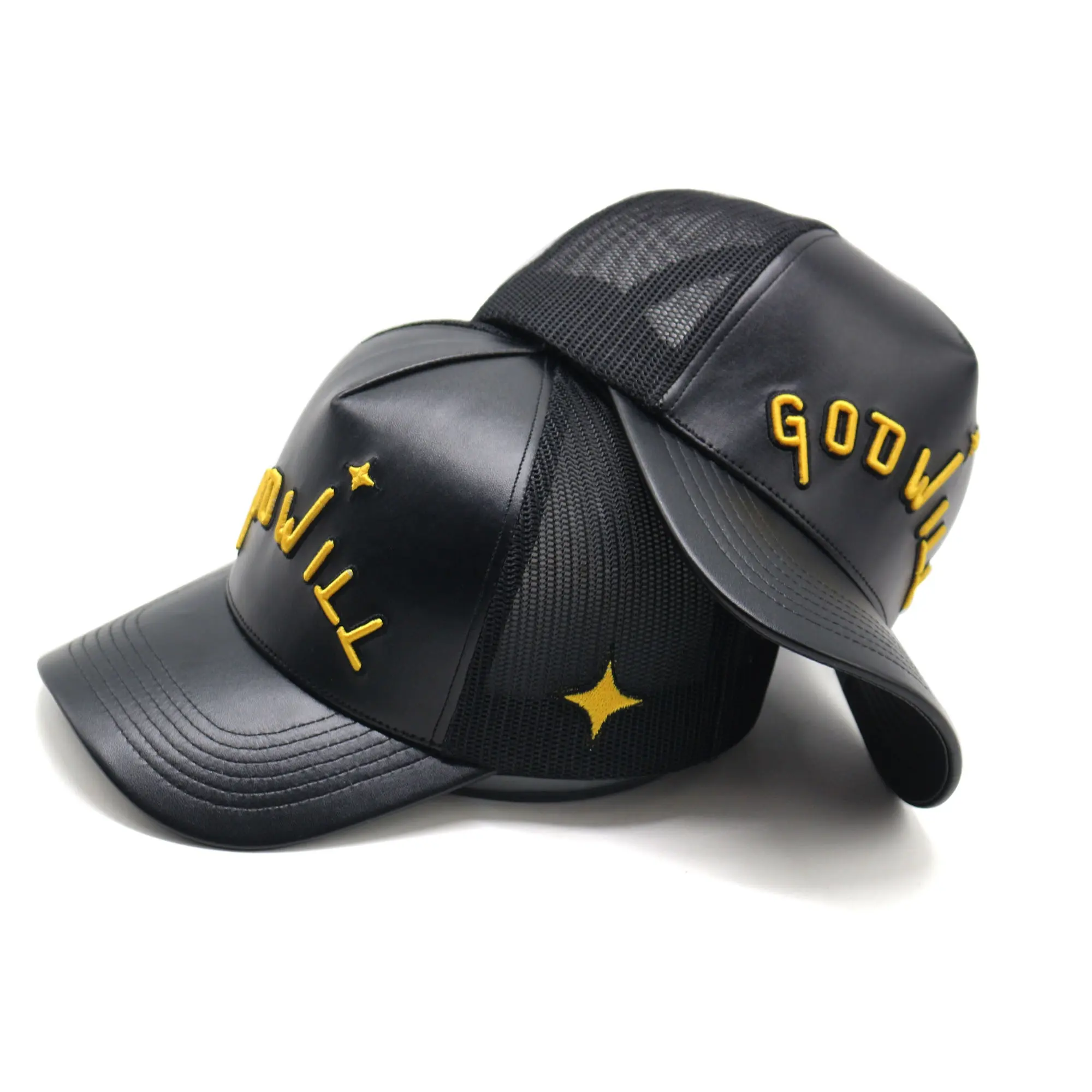 custom 3D front/side embroidery logo 5 panels black PU leather trucker hats sport hats with factory price