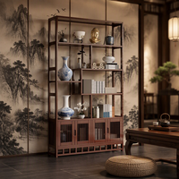 Nouvelle vitrine en bambou de style chinois, 4 portes, design rétro classique, étagère de rangement et de présentation multifonctionnelle pour salon