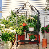 Arche de jardin en métal en gros avec banc, treillis en forme de maison pour plantes grimpantes, taille personnalisée pour commande en gros
