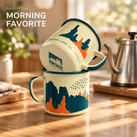 Mug Enamel Gunung yang Indah dengan Cawan Kopi Logam Berpinggiran Gulung Warna Navy untuk Hiking di Alam Liar, Perlengkapan Minum Api Unggun, Grosir