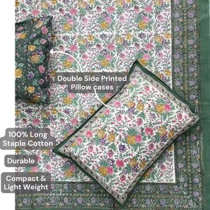 Drap de lit indien imprimé floral rose vintage 100% pur coton ensemble de literie blanc vert main bloc impression taille 90 "x 108" - Product Image 1