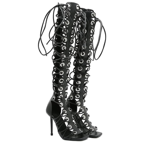 סנדלי נשים אופנתיים וסקסיים עם עקב סופר גבוה, שרוכים, עיטורי מתכת, קצה מרובע, מתאימים למסיבות - Product Image 4