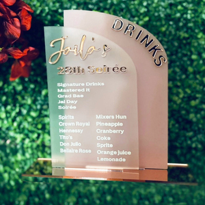 Laser Cut Double Half Arch Frosted <span class=keywords><strong>Acrylic</strong></span> Trống Chữ Ký Cocktail Đồ Uống Dấu Hiệu Vàng Gương <span class=keywords><strong>Acrylic</strong></span> Thực Đơn Tiệc Cưới - Product Image 2