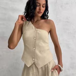 Trajes de Lino Casuales de Verano para Mujer, Cintura Alta, Sin Mangas, Un Hombro Descubierto, con Bolsillos, Conjunto de Dos Piezas a la Moda - Product Image 6