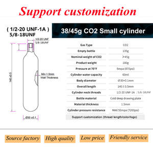 Cartucho de CO2 de Alta Presión de 45g 60cc para Airbag de Equitación, Rosca 1/2 UNF, Marca ARR - Product Image 5