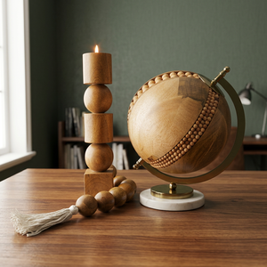 Globe terrestre en bois artisanal, style Art déco, avec support métallique antique/vintage, objet décoratif pour la maison, le bureau, le salon, la salle d'étude - Product Image 4