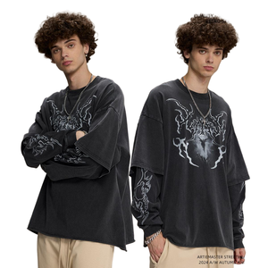 T-shirt à manches longues en deux pièces pour <span class=keywords><strong>homme</strong></span> de <span class=keywords><strong>marque</strong></span> tendance, délavé à l'acide, 100% coton tricoté, <span class=keywords><strong>col</strong></span> rond, coupe ample, anti-boulochage - Product Image 2