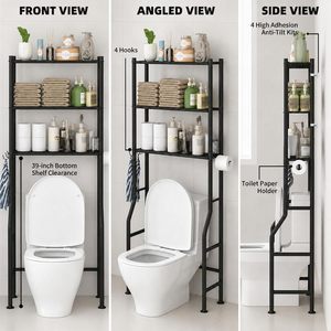 Étagère de rangement métallique à 3 niveaux anti-basculement pour toilettes, avec porte-papier et 4 crochets, organisateur de salle de bain peu encombrant, étagère utilitaire - Product Image 2