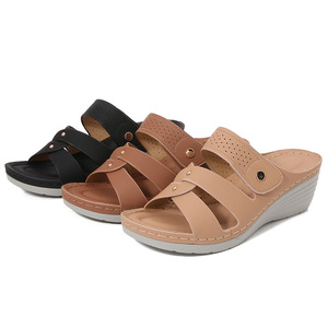 Black PU Wedge <b>Sandals</b> Open Toe Slip-On Mid Heel Comfort Summer Shoes Breathable Light Weight Anti-Slip Buckle Decoration - Product Image 5