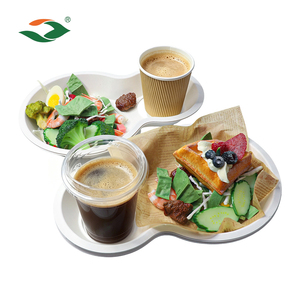 <span class=keywords><strong>Plateau</strong></span> robuste compostable à 2 compartiments pour aliments, café et boissons, en bagasse de canne à sucre, avec porte-gobelet, idéal pour le brunch - Product Image 2