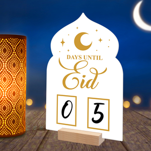Eid segno di conto alla rovescia in legno Base arco a forma di bordo con <span class=keywords><strong>luna</strong></span> mezzaluna d'oro stelle Design giorni fino a quando Eid Display Muslim Festival - Product Image 1