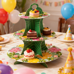 Support à gâteau à trois étages sur le thème de Hawaï pour desserts d'anniversaire et décorations de fête, design rond réutilisable - Product Image 1