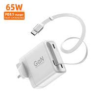 Tête de charge rapide Type-C 65W avec câble T3 en 1, chargeur PD 3.1, adaptateur rétractable GaN pour téléphone portable, Mac Book